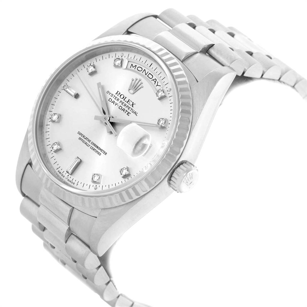 The image shows a Rolex President 18239 Men's White Gold Silver Dial 18239 Men's White Gold Silver Dial model watch at an angled view, highlighting its dial, bezel, crown, and part of the bracelet.