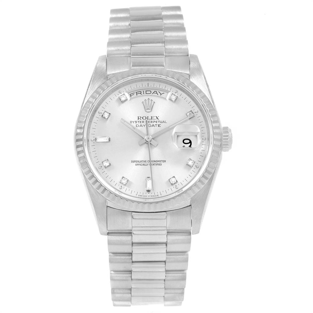 This image shows a front view of the Rolex President 18239 Men's White Gold Silver Dial 18239 Men's White Gold Silver Dial watch, featuring its dial, bezel, day-date display, and band.