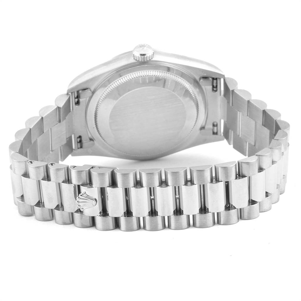 The image shows the back case and bracelet of a Rolex President 18239 Men's White Gold Silver Dial 18239 Men's White Gold Silver Dial model watch from a rear angle.