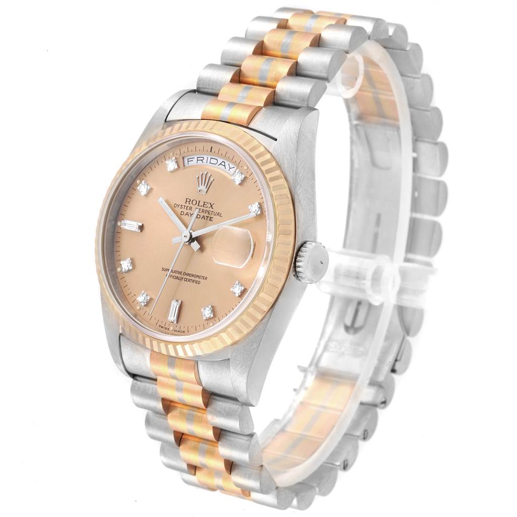 The image shows a Rolex President 18239 Men's White Gold Brown Dial 18239 Men's White Gold Brown Dial model watch with a two-tone bracelet and a beige dial, viewed at an angle from the upper left.