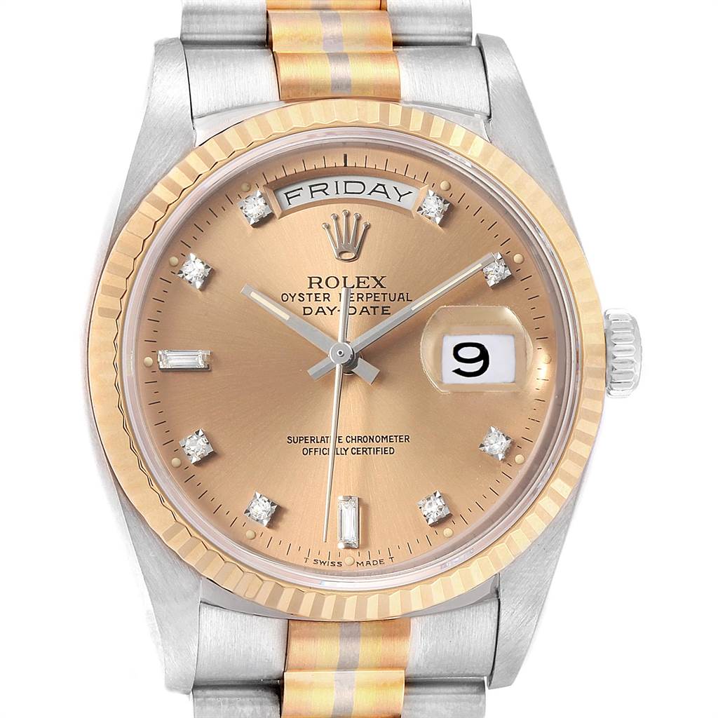 This image shows a front view of the Rolex President 18239 Men's White Gold Brown Dial 18239 Men's White Gold Brown Dial model watch, featuring its bezel, dial, and partial bracelet.