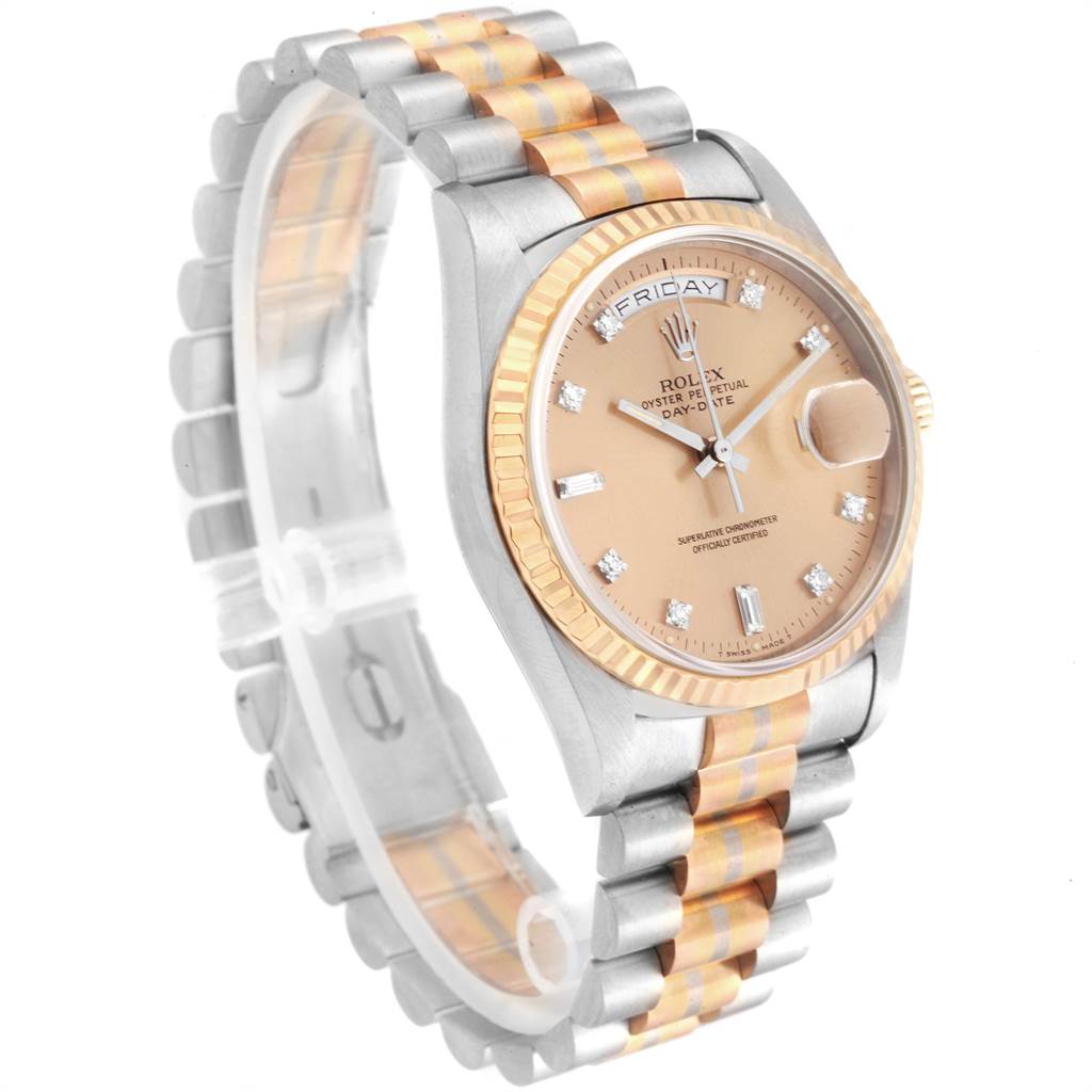 This image shows a Rolex President 18239 Men's White Gold Brown Dial 18239 Men's White Gold Brown Dial model wristwatch with a close-up angle highlighting its dial, bezel, and two-tone bracelet.