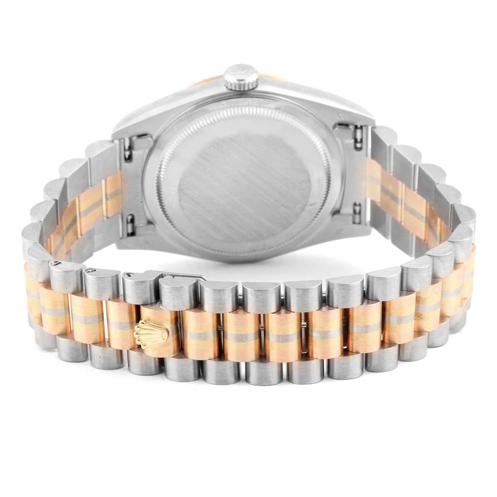 The image shows the back of a Rolex President 18239 Men's White Gold Brown Dial 18239 Men's White Gold Brown Dial model watch, focusing on the caseback and the two-tone bracelet.