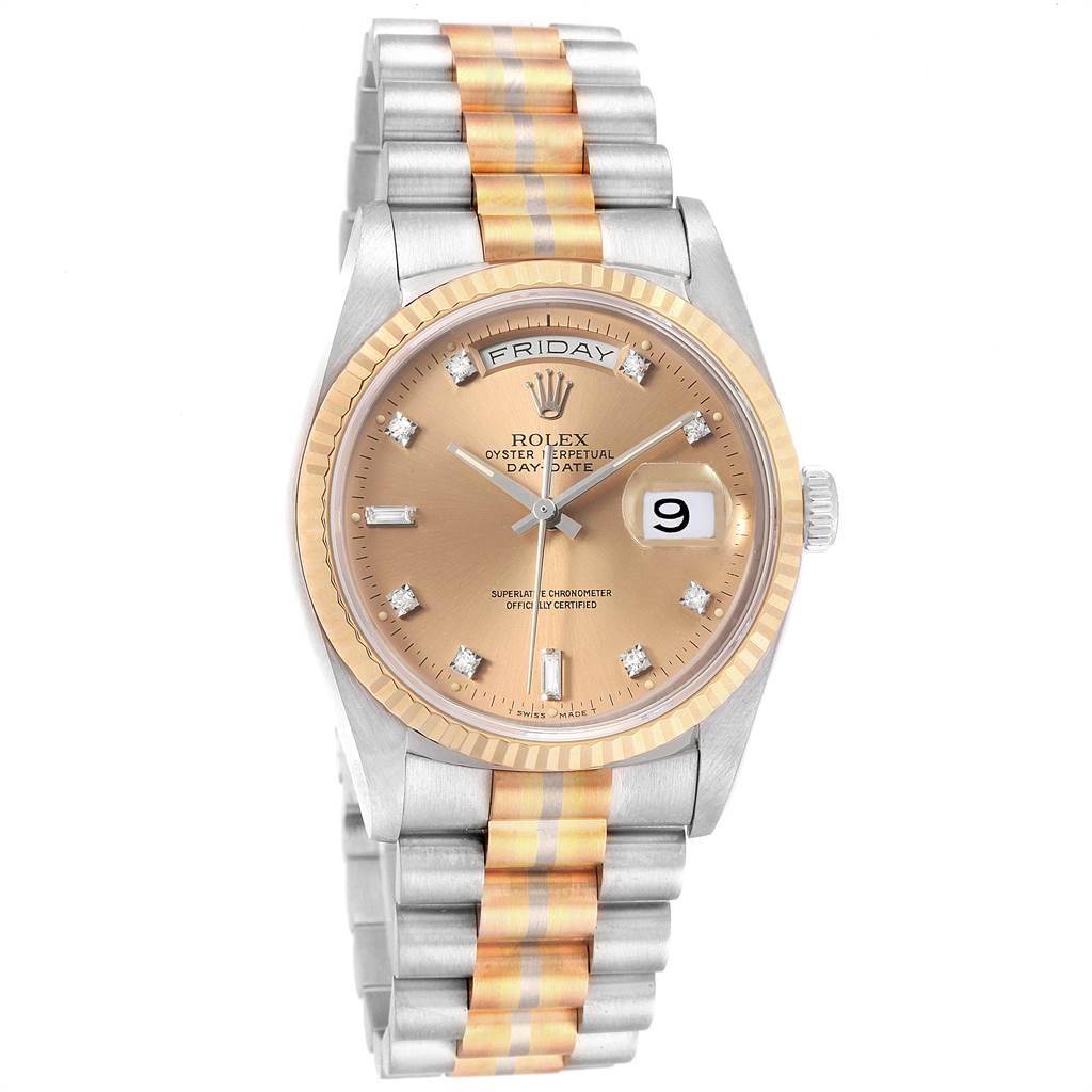The image shows a Rolex President 18239 Men's White Gold Brown Dial 18239 Men's White Gold Brown Dial model watch from a front angle, displaying its face, bezel, and two-tone bracelet.