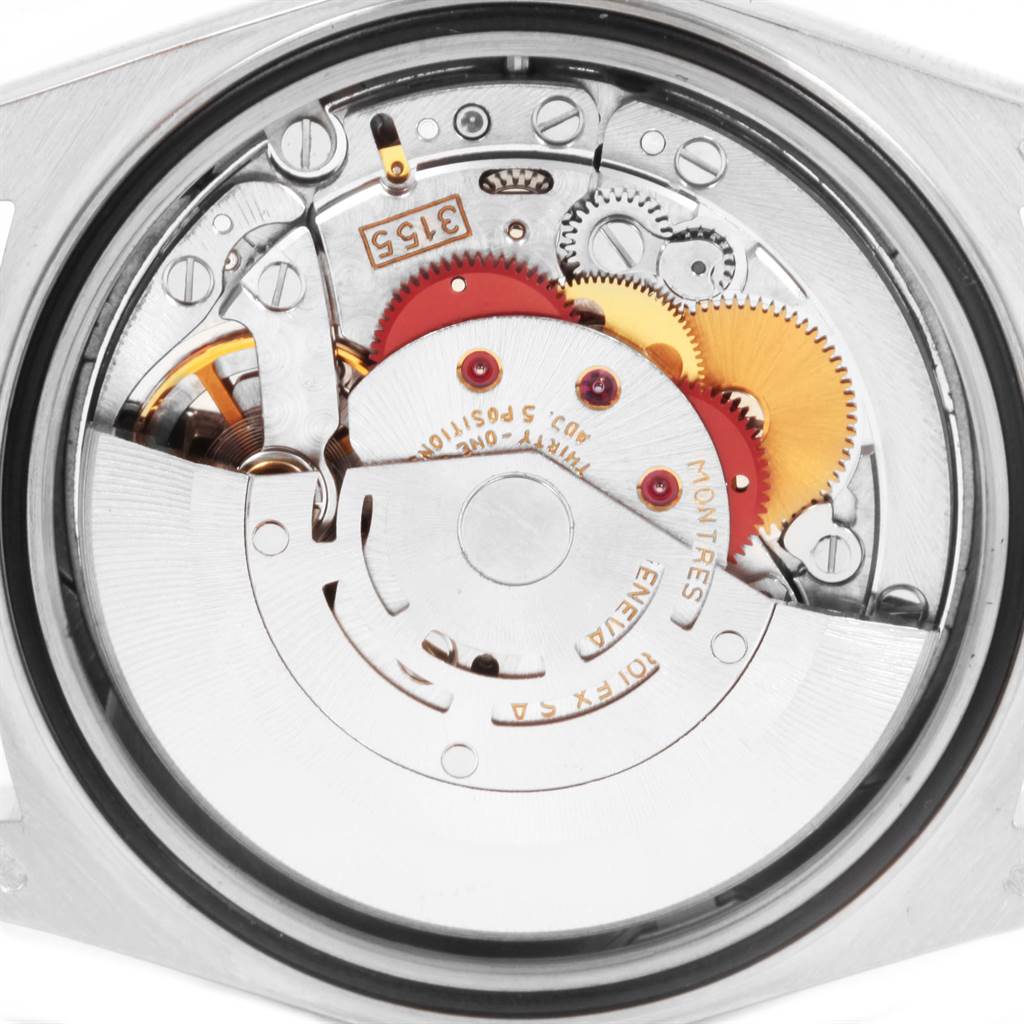 This image shows the internal mechanical parts of the Rolex President 18239 Men's White Gold Brown Dial 18239 Men's White Gold Brown Dial model watch from a close-up, rear angle.