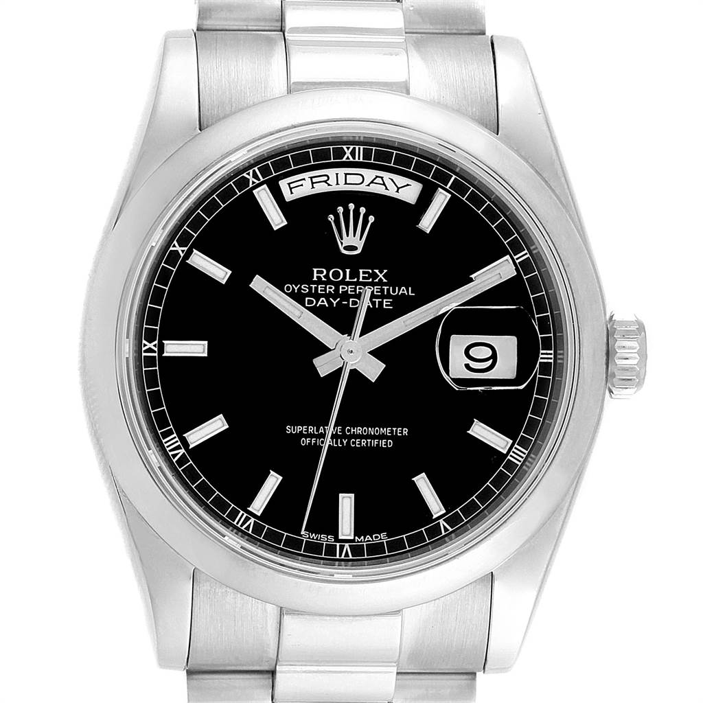 The image shows a frontal view of the Rolex President 118209 Men's White Gold Black Dial 118209 Men's White Gold Black Dial Day-Date watch, displaying the face, bezel, and part of the strap.