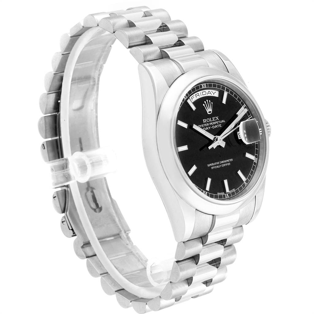 The image shows a Rolex President 118209 Men's White Gold Black Dial 118209 Men's White Gold Black Dial model watch at a slight angle, highlighting its bracelet, case, and black dial with a day-date feature.