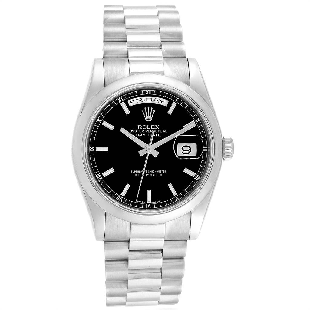 The image shows a front view of the Rolex President 118209 Men's White Gold Black Dial 118209 Men's White Gold Black Dial model watch, featuring the watch face, bracelet, and side crown.