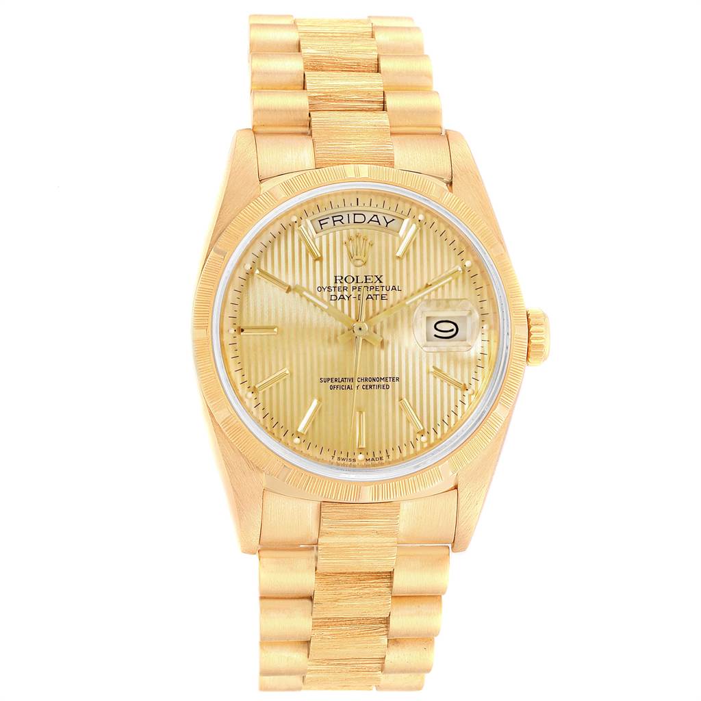 This image shows a frontal view of the Rolex President 18248 Men
s Yellow Gold Champagne Dial 18248 Men
s Yellow Gold Champagne Dial model watch, displaying its face, bezel, and bracelet.