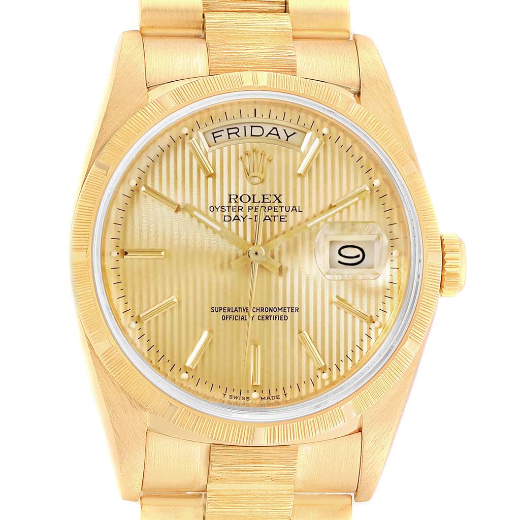 This image shows a frontal view of the Rolex President 18248 Men
s Yellow Gold Champagne Dial 18248 Men
s Yellow Gold Champagne Dial Day-Date watch, highlighting the dial, bezel, and bracelet.