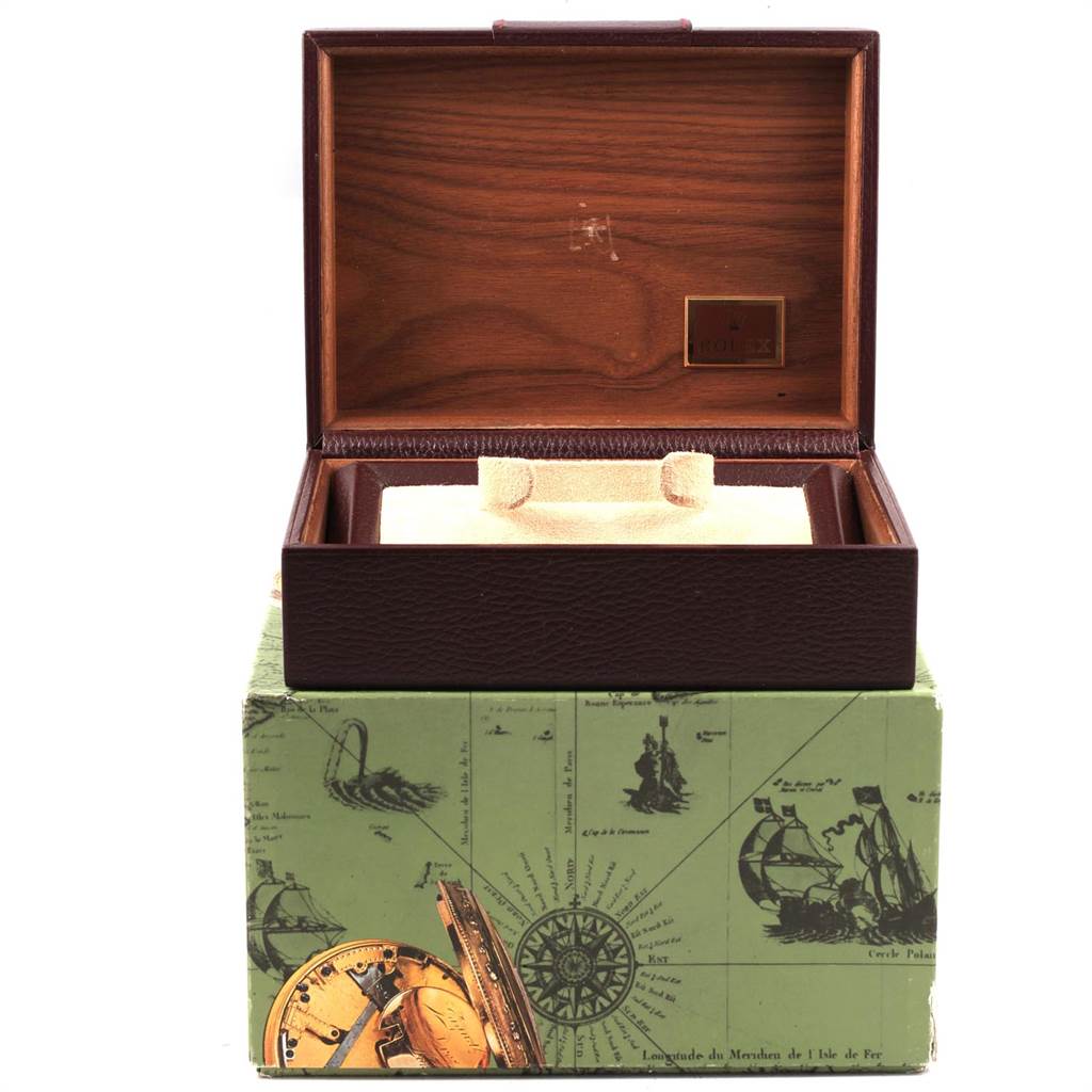The image shows an open Rolex watch box for the President model, displaying the interior and exterior design from the front angle.