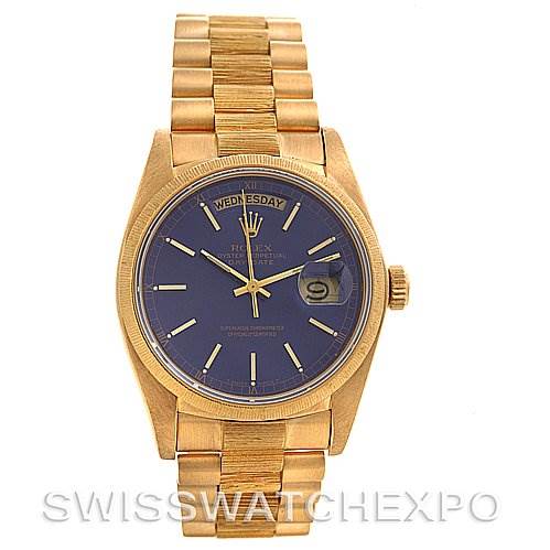 The image shows a front view of a Rolex President 18038 Men's Yellow Gold Blue Dial 18038 Men's Yellow Gold Blue Dial model watch, displaying the watch face, bracelet, and clasp.