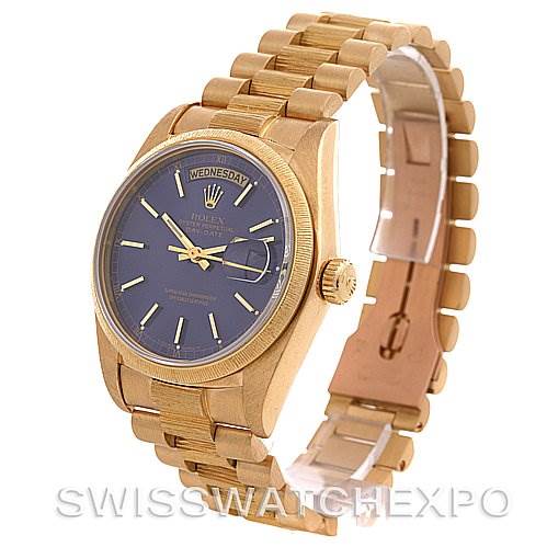 This image shows the Rolex President 18038 Men's Yellow Gold Blue Dial 18038 Men's Yellow Gold Blue Dial model watch at a three-quarter angle, highlighting the dial, case, crown, and bracelet.