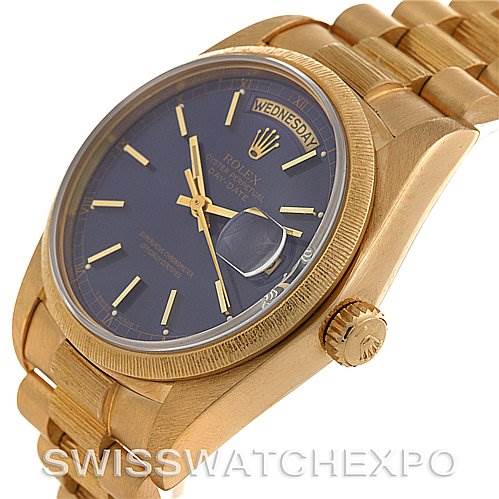 The image shows a Rolex President 18038 Men's Yellow Gold Blue Dial 18038 Men's Yellow Gold Blue Dial model watch at a slight angle, highlighting the dial, bracelet, and crown.
