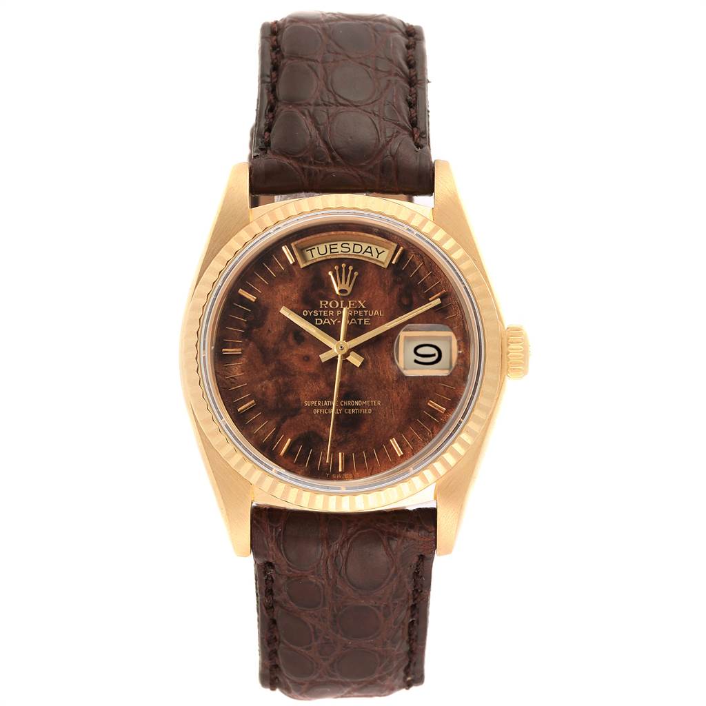 The image shows a frontal view of a Rolex President 18038 Men
s Yellow Gold Brown Dial 18038 Men
s Yellow Gold Brown Dial model watch, displaying the face, bezel, crown, and leather strap.