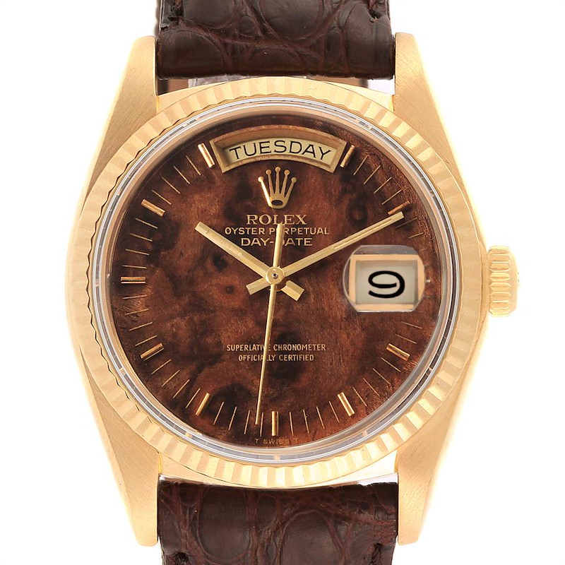 Rolex President Day-Date Yellow Gold Burl Wood Dial Mens Watch 18038 SwissWatchExpo