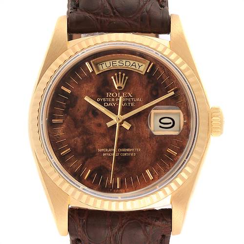 Photo of Rolex President Day-Date Yellow Gold Burl Wood Dial Mens Watch 18038