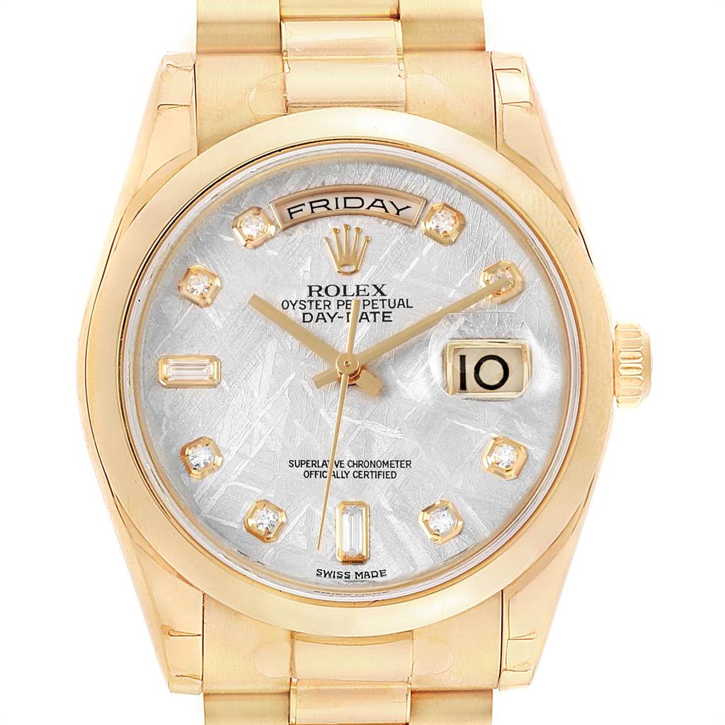 The image shows a Rolex President 118208 Men
s Yellow Gold Silver Dial 118208 Men
s Yellow Gold Silver Dial model watch from a front angle, displaying the dial, day-date feature, and part of the band.