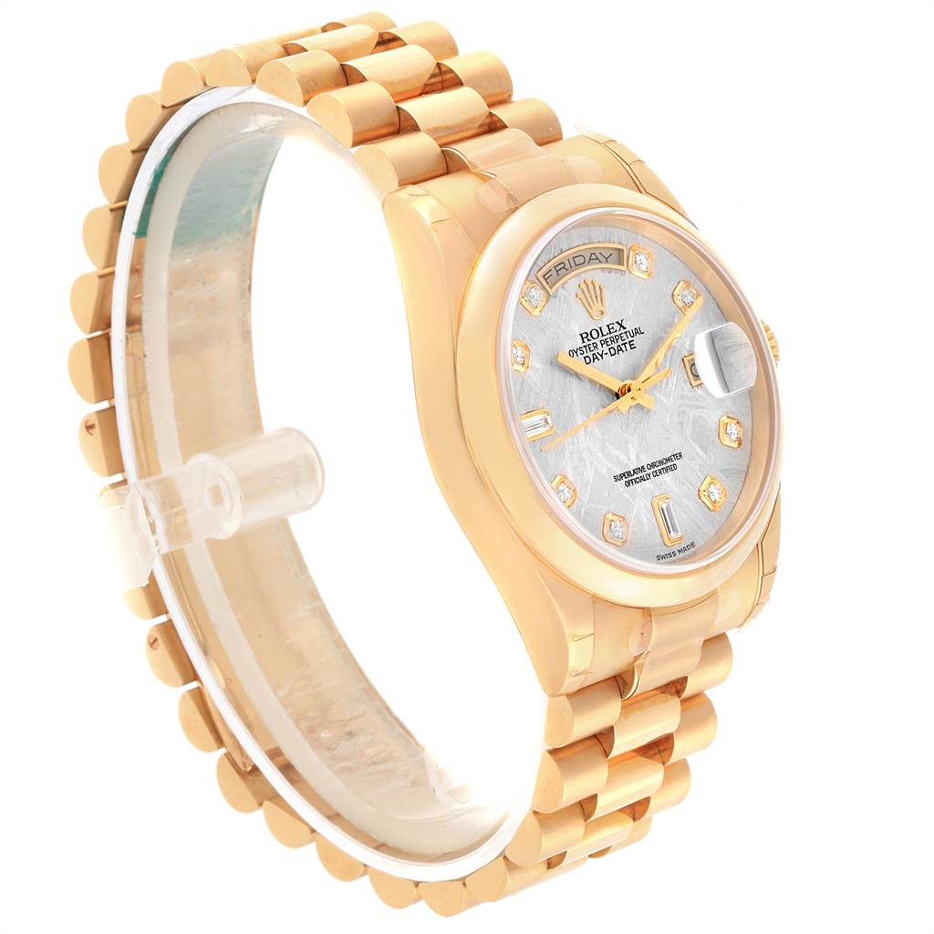 The image shows a Rolex President 118208 Men
s Yellow Gold Silver Dial 118208 Men
s Yellow Gold Silver Dial model watch at a slight angle, displaying its dial, bezel, bracelet, and crown.