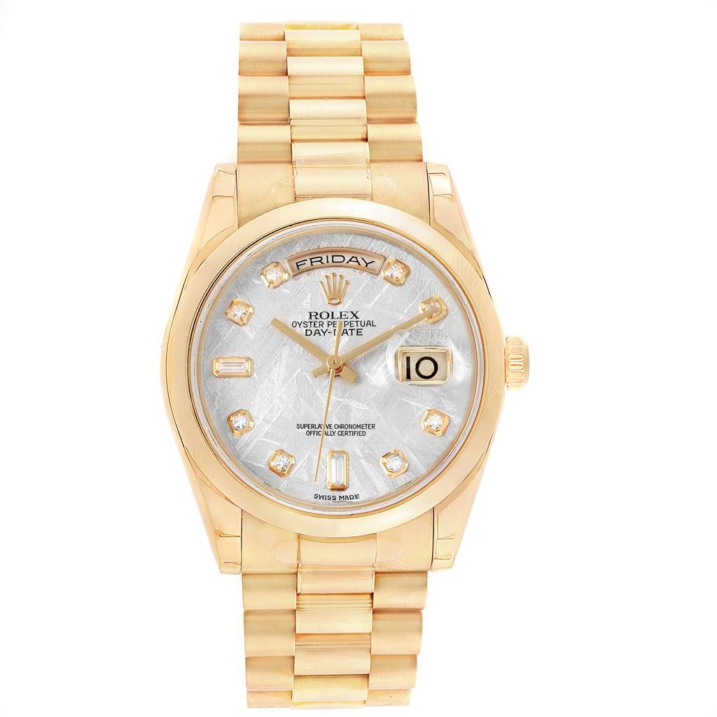 This image shows a Rolex President 118208 Men
s Yellow Gold Silver Dial 118208 Men
s Yellow Gold Silver Dial model watch from a straight-on angle, displaying the face, bezel, bracelet, and crown.