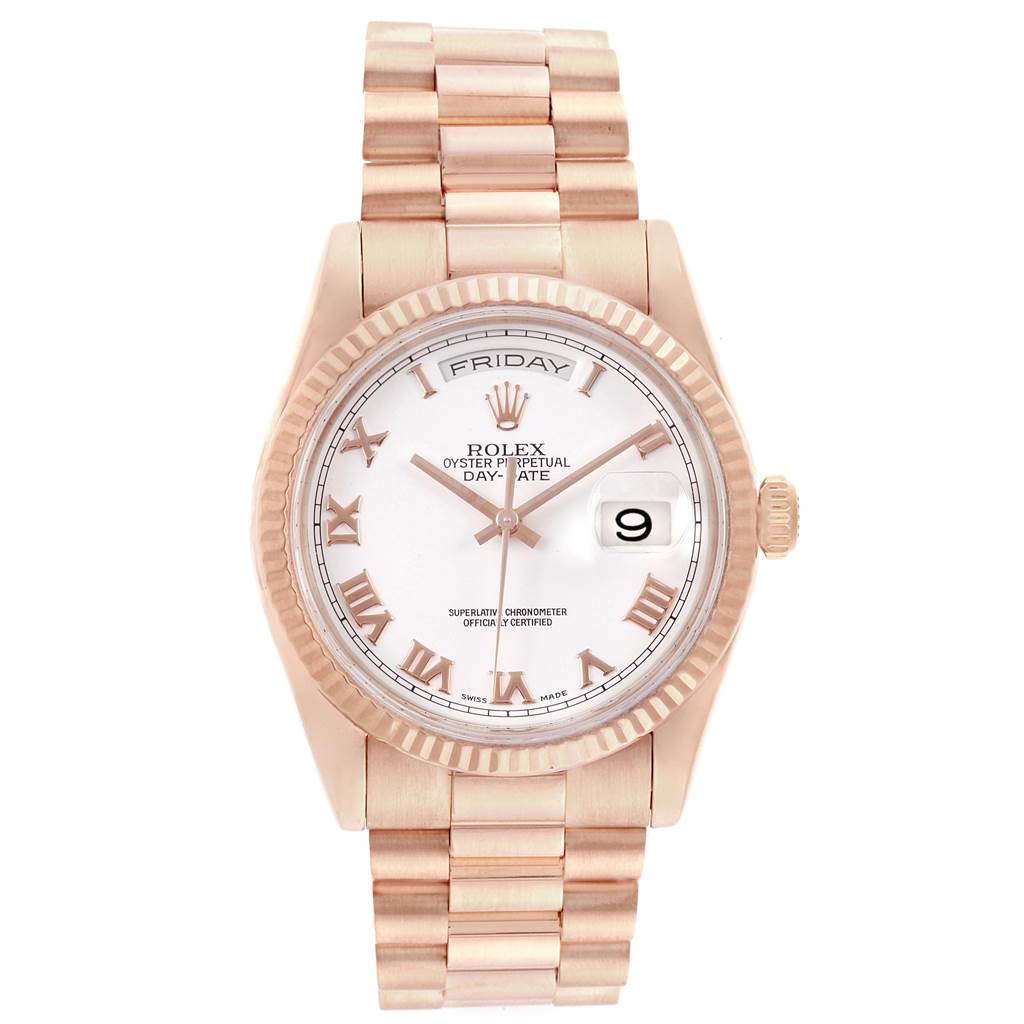 The image shows a front view of a Rolex President 118235 Men's Rose Gold White Dial 118235 Men's Rose Gold White Dial model watch, displaying the dial, bracelet, crown, and day-date feature.