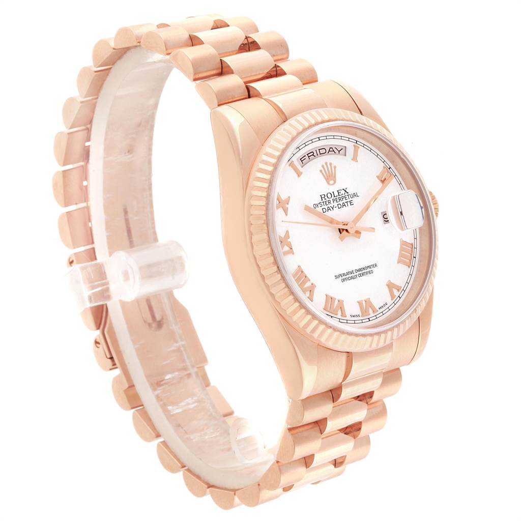 The Rolex President 118235 Men's Rose Gold White Dial 118235 Men's Rose Gold White Dial model watch is shown from a front-left angle, highlighting its face, bezel, crown, and bracelet.