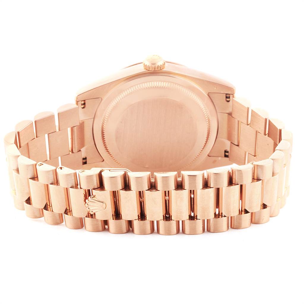 The image shows the back case and bracelet of a Rolex President 118235 Men's Rose Gold White Dial 118235 Men's Rose Gold White Dial model watch.
