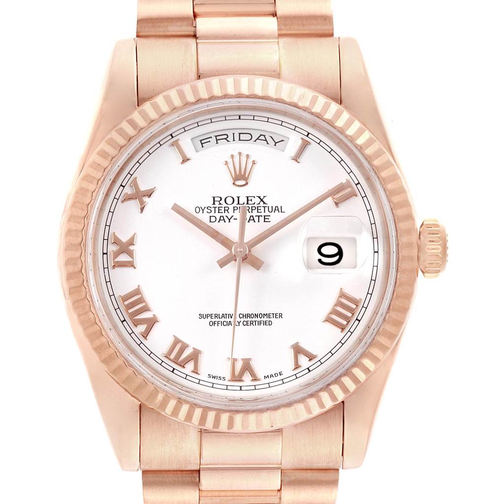 This image shows a front view of the Rolex President 118235 Men's Rose Gold White Dial 118235 Men's Rose Gold White Dial model watch, displaying its dial, Roman numeral hour markers, and bracelet.