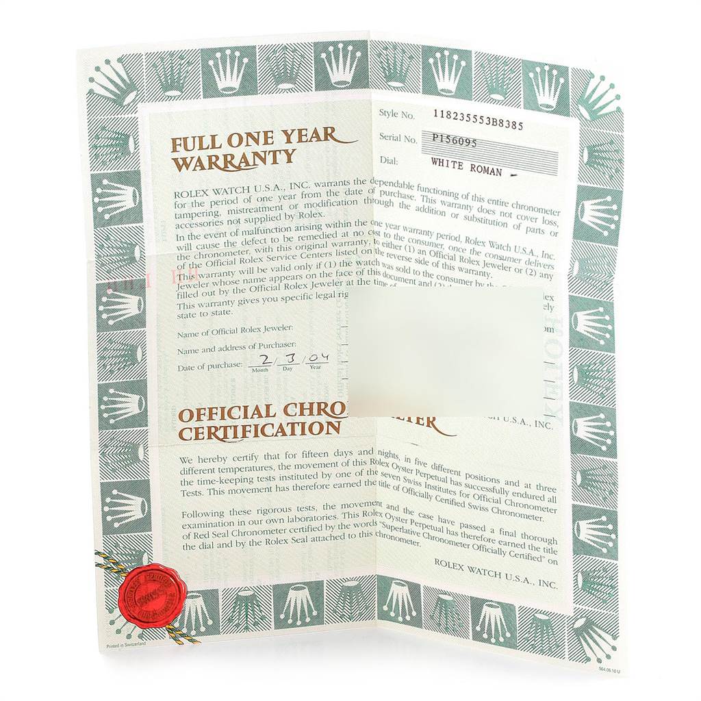 This image shows a full one-year warranty and certification paper for a Rolex President 118235 Men's Rose Gold White Dial 118235 Men's Rose Gold White Dial model watch, with serial and model numbers.