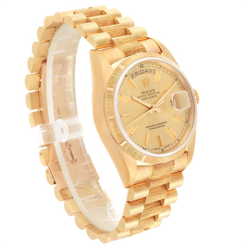 The image shows a Rolex President 18078 Men
s Yellow Gold Champagne Dial 18078 Men
s Yellow Gold Champagne Dial model watch from a front-side angle, highlighting the bracelet, watch face, and crown.