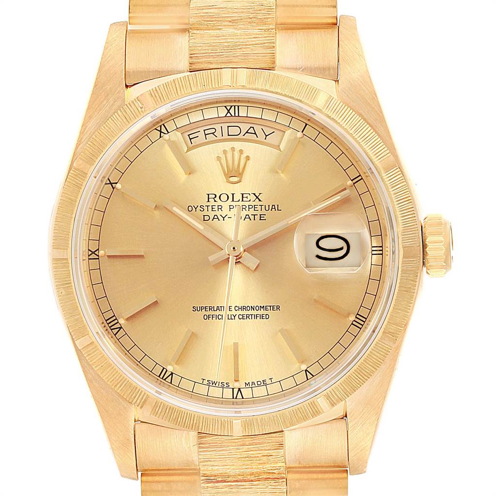 The image shows a close-up front view of a Rolex President 18078 Men
s Yellow Gold Champagne Dial 18078 Men
s Yellow Gold Champagne Dial model
s dial and part of its bracelet.