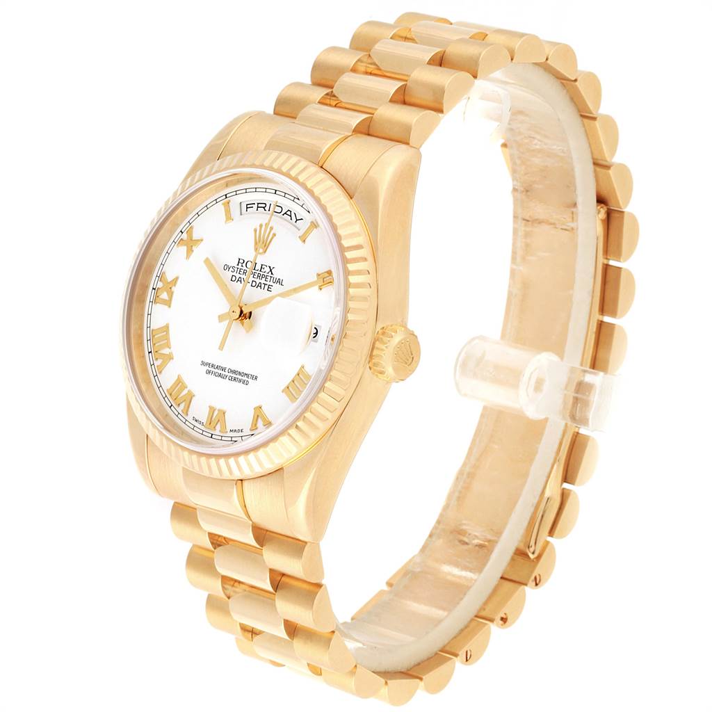 The image shows a Rolex President 118238 Men
s Yellow Gold White Dial 118238 Men
s Yellow Gold White Dial model watch at a three-quarter angle, highlighting the dial, bezel, case, and bracelet.