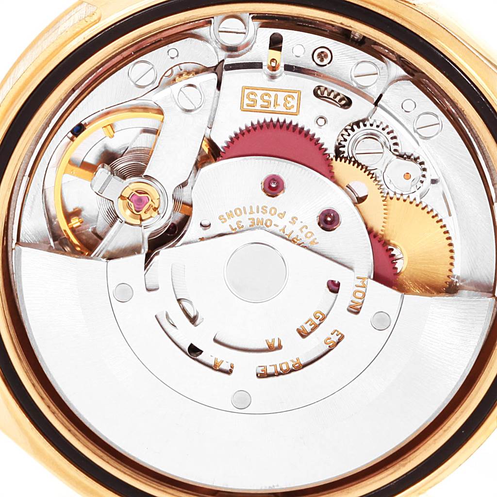 This image shows a close-up view of the Rolex President 118238 Men
s Yellow Gold White Dial 118238 Men
s Yellow Gold White Dial model
s intricate movement mechanism.