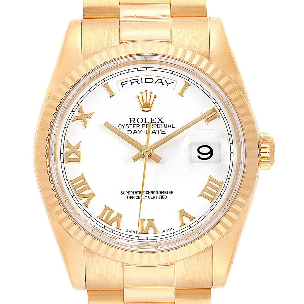 The Rolex President 118238 Men
s Yellow Gold White Dial 118238 Men
s Yellow Gold White Dial model watch is shown from a front angle, highlighting its white dial, Roman numerals, and gold case.