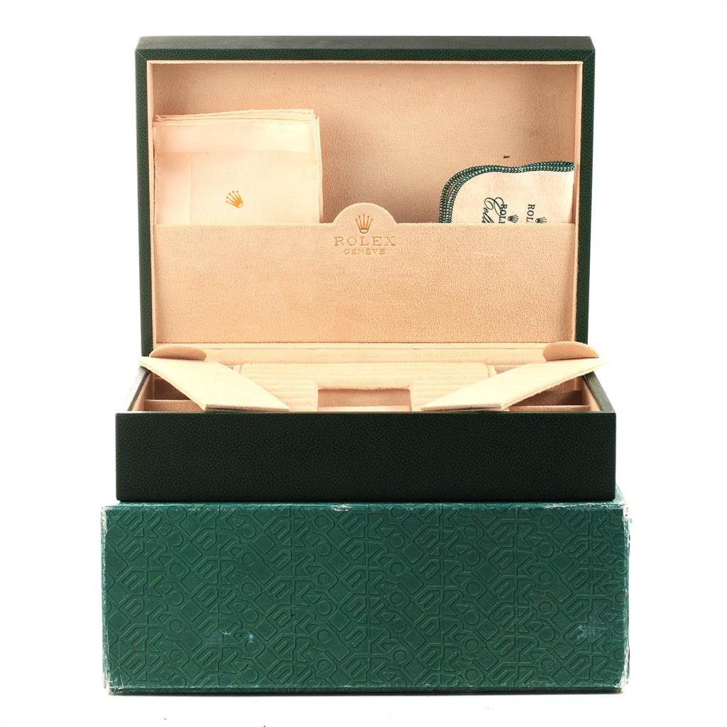 The image shows the open box and packaging accessories for a Rolex President 118238 Men
s Yellow Gold White Dial 118238 Men
s Yellow Gold White Dial model, including fabric slots and compartments.