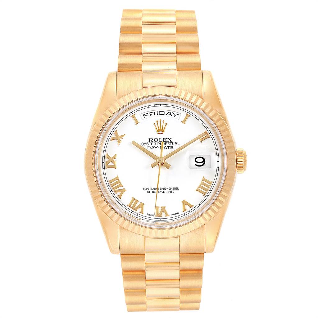 The image shows a front view of the Rolex President 118238 Men
s Yellow Gold White Dial 118238 Men
s Yellow Gold White Dial model, highlighting its gold bracelet, white dial, and fluted bezel.