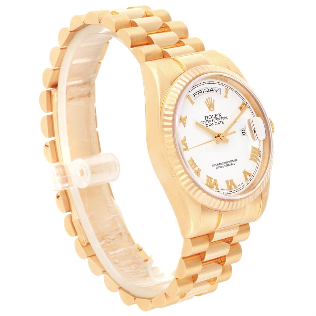 The Rolex President 118238 Men
s Yellow Gold White Dial 118238 Men
s Yellow Gold White Dial model watch is shown at a slight side angle, highlighting its gold band, fluted bezel, and white dial.