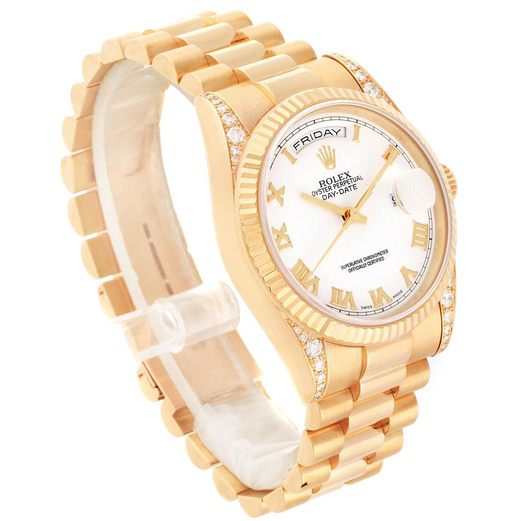 The Rolex President 118338 Men
s Yellow Gold White Dial 118338 Men
s Yellow Gold White Dial model watch is shown at a three-quarter angle, displaying the bracelet, bezel, and watch face.