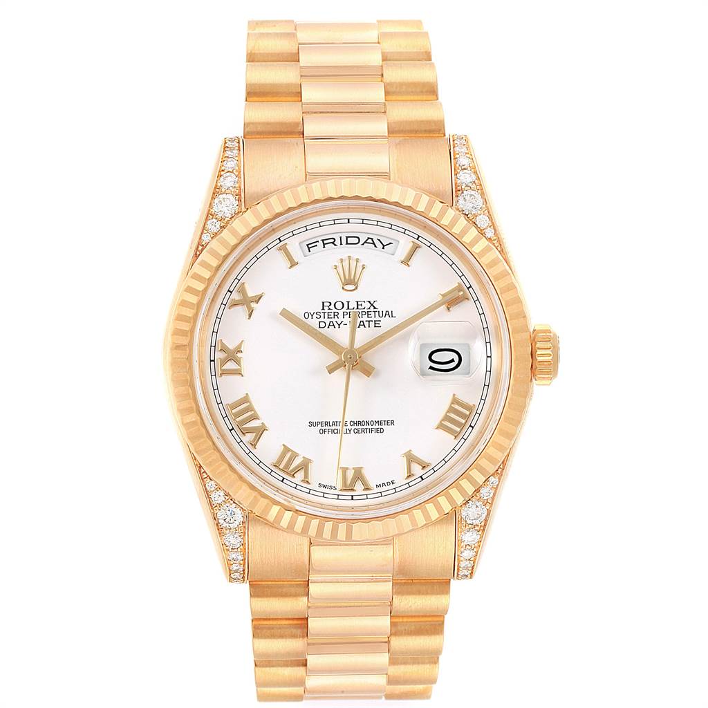 The image shows a Rolex President 118338 Men
s Yellow Gold White Dial 118338 Men
s Yellow Gold White Dial model watch from a front angle, featuring a gold case, fluted bezel, and bracelet.
