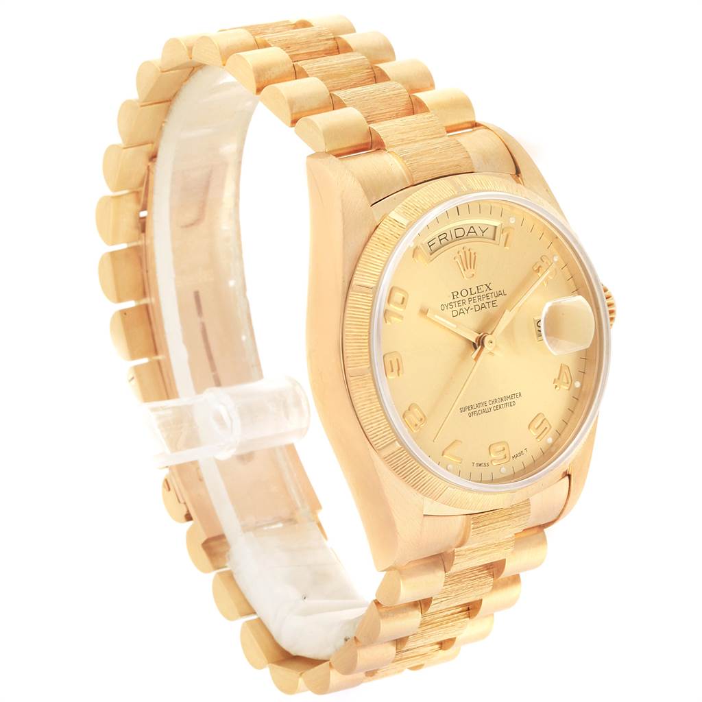 The Rolex President 18078 Men
s Yellow Gold Champagne Dial 18078 Men
s Yellow Gold Champagne Dial model is shown at a three-quarter angle, displaying the watch face, bracelet, and case.