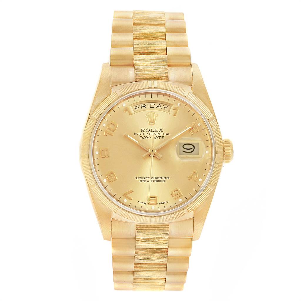 The image shows a front view of a Rolex President 18078 Men
s Yellow Gold Champagne Dial 18078 Men
s Yellow Gold Champagne Dial model watch, highlighting the face, bracelet, and day-date display.