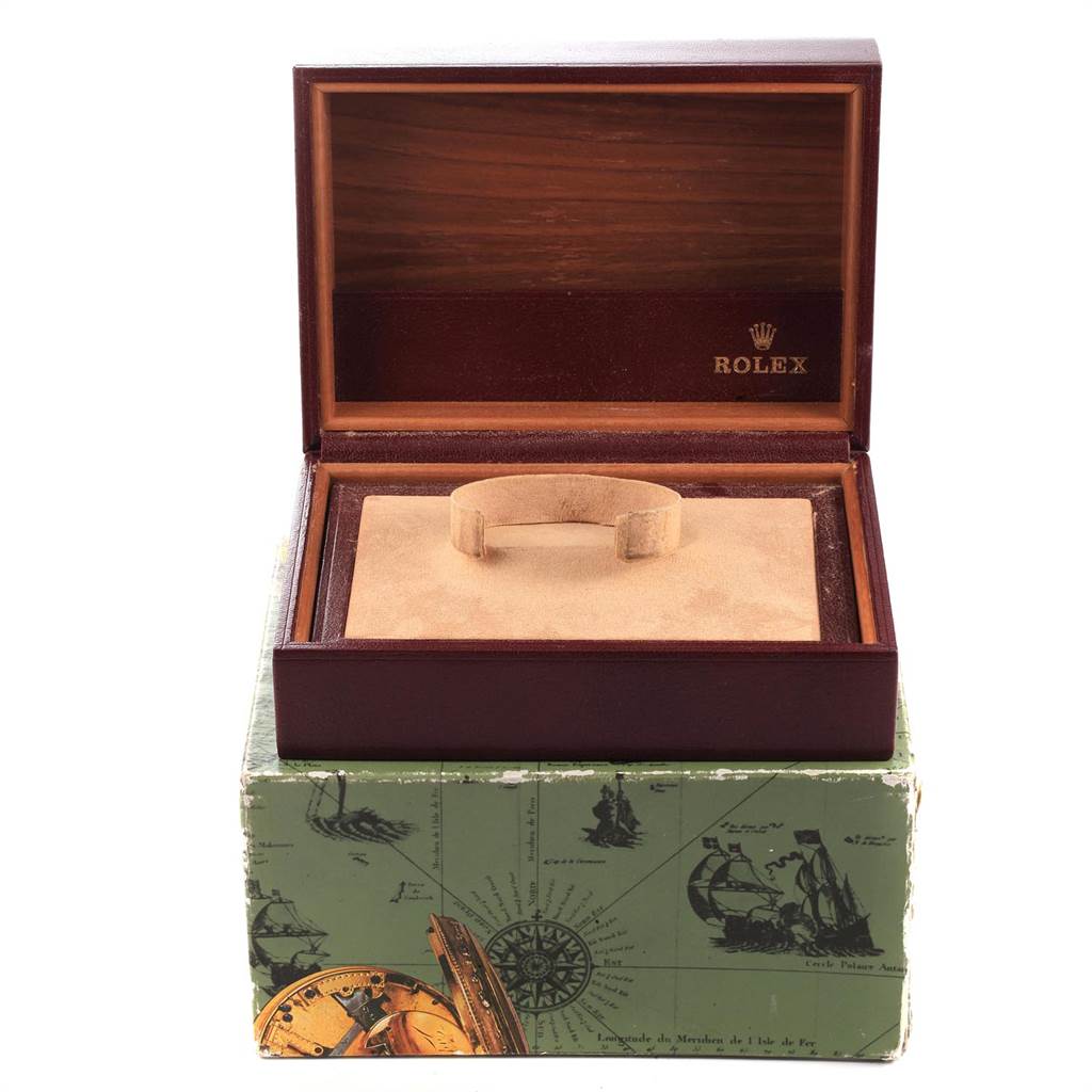 The image shows an open Rolex President 18078 Men
s Yellow Gold Champagne Dial 18078 Men
s Yellow Gold Champagne Dial model watch box and display cushion from a front angle.