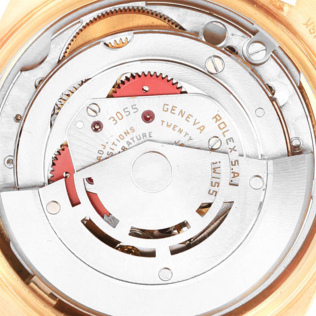 The image displays the movement and inner workings of a Rolex President 18078 Men
s Yellow Gold Champagne Dial 18078 Men
s Yellow Gold Champagne Dial model watch from a back or internal angle.