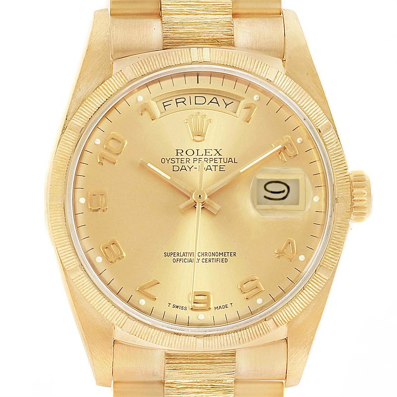 This image shows a frontal view of a Rolex President Day-Date watch, highlighting the dial, hands, date, and day display.