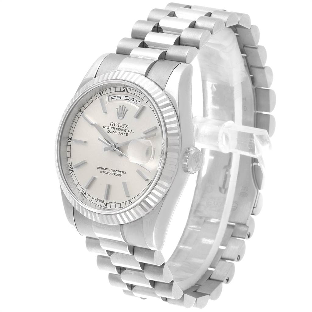 The Rolex President 118239 Men's White Gold Silver Dial 118239 Men's White Gold Silver Dial model watch is shown at an angle, displaying its face, bezel, bracelet, and crown.