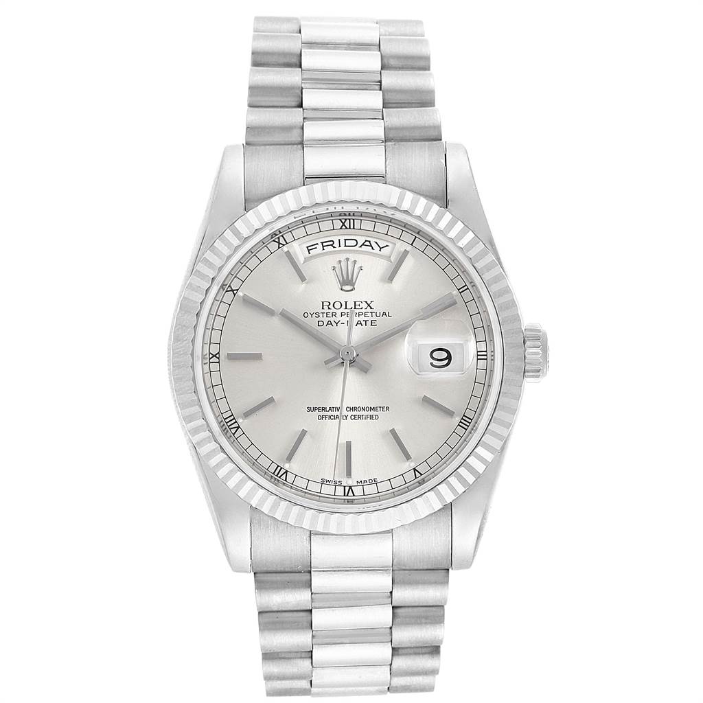 The image shows a Rolex President 118239 Men's White Gold Silver Dial 118239 Men's White Gold Silver Dial model watch, displaying its face, bezel, crown, and full bracelet from a frontal angle.