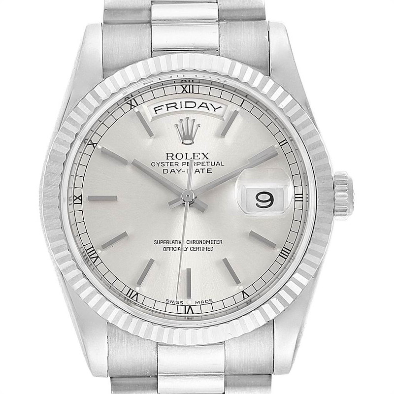 Rolex Day Date 36mm President White Gold Silver Dial Mens Watch 118239 SwissWatchExpo
