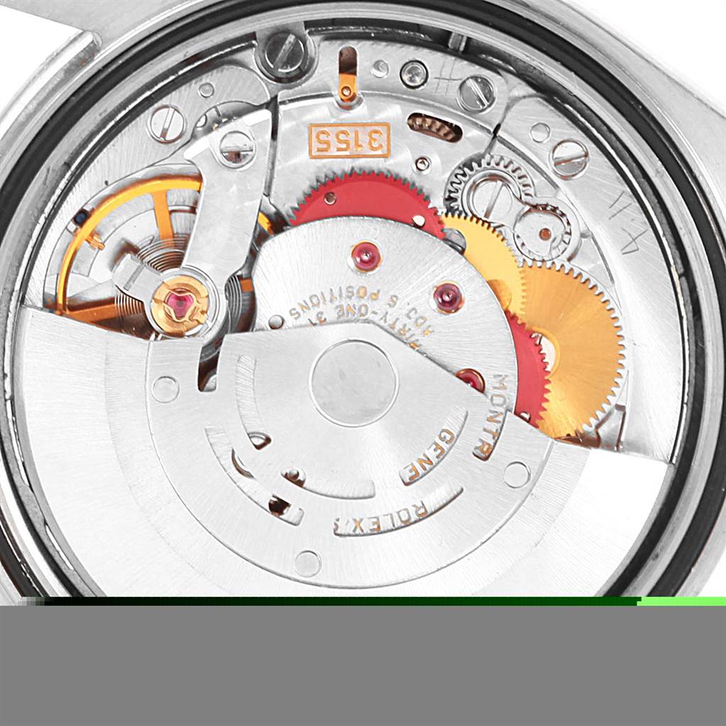 The image shows a close-up view of the movement mechanism inside a Rolex President 118239 Men's White Gold Silver Dial 118239 Men's White Gold Silver Dial model watch.