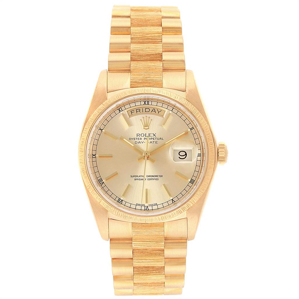 This image shows a front view of the Rolex President 18078 Men
s Yellow Gold Champagne Dial 18078 Men
s Yellow Gold Champagne Dial model watch, featuring its face, bezel, and bracelet.