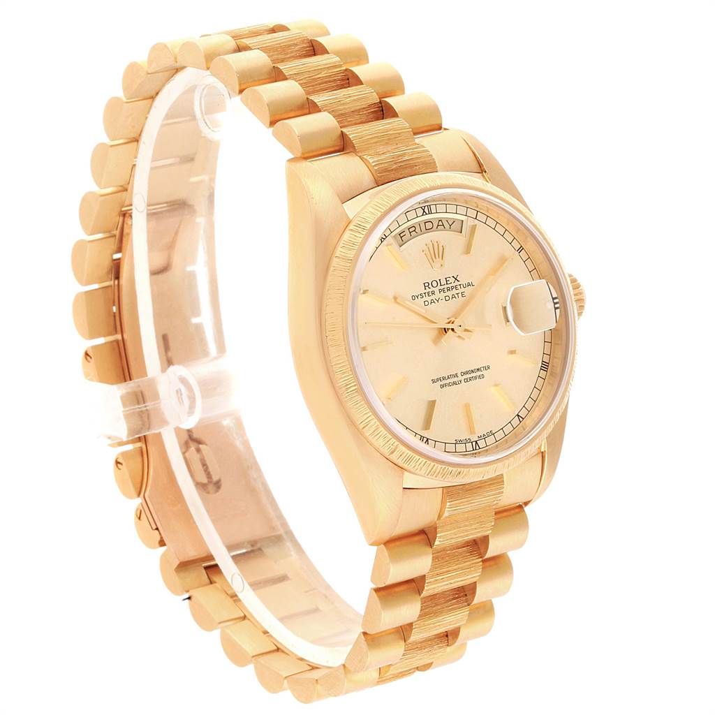 The image shows a side-angle view of a Rolex President 18078 Men
s Yellow Gold Champagne Dial 18078 Men
s Yellow Gold Champagne Dial model watch, highlighting the bracelet, case, and face.